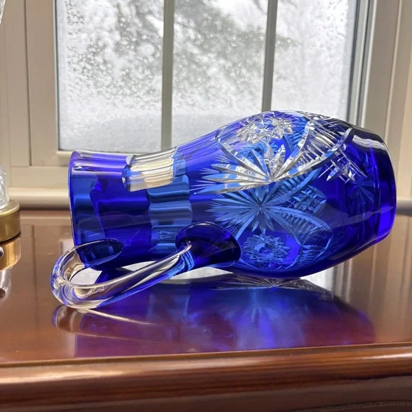 Bohemian Cobalt Blue Cut Crystal Pitcher | Hand Cut Czech Lead Crystal Barware - Picture 9 of 15